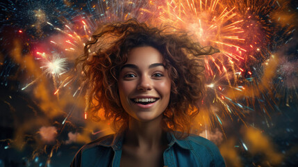 Front view smiley woman with fireworks