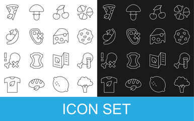 Set line Broccoli, Genetically modified chicken, Cookie or biscuit, Fresh berries, No meat, Apple and banana, Vegan pizza slice and Cheese icon. Vector