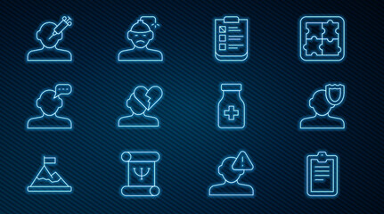 Set line Psychological test, Psychology, Broken heart or divorce, Online psychological counseling, Addiction to the drug, Sedative pills and Concussion, headache icon. Vector