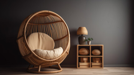 Obraz na płótnie Canvas Barrel and wicker chair against cream color wall with shelving unit. Scandinavian style interior design of modern living room.