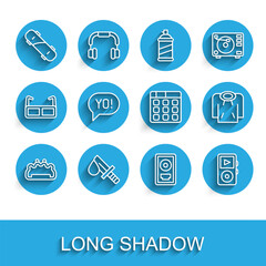 Set line Brass knuckles, Bloody knife, Skateboard, CD disk award in frame, Music player, Yo slang lettering, Hoodie and Drum machine music icon. Vector