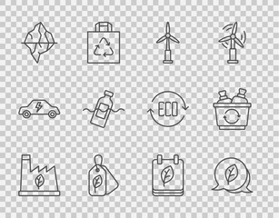 Set line Plant recycling garbage, Leaf Eco symbol, Wind turbine, Tag with leaf, Iceberg, The problem of pollution, Calendar autumn leaves and Recycle icon. Vector