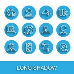 Set line Folded map with location marker, City navigation, Location the globe, Route, Push pin, Satellites orbiting Earth, and icon. Vector