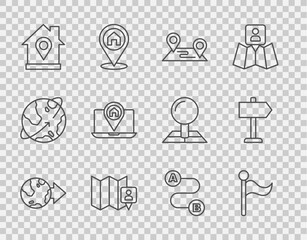 Set line Location on the globe, Flag, Route location, Folded map with marker, house, City navigation, and Road traffic sign icon. Vector