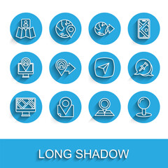 Set line Monitor with map location, Folded marker, Push pin, Location house, and City navigation icon. Vector