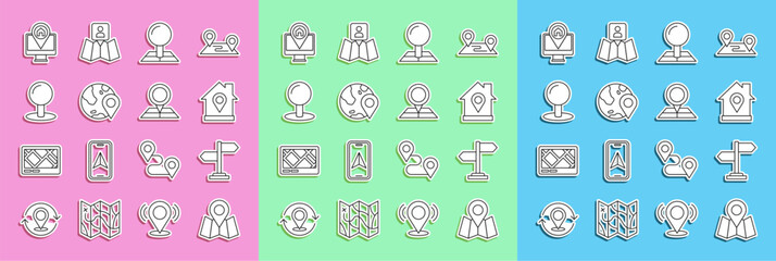 Set line Folded map with location marker, Road traffic sign, Location house, the globe, Push pin, Monitor and icon. Vector