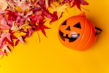 Photo of a Halloween pumpkin on red autumn leaves and a yellow background