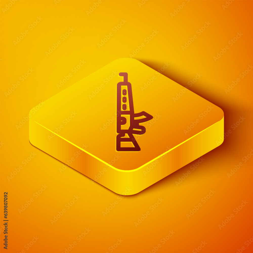 Poster isometric line sniper rifle with scope icon isolated on orange background. yellow square button. vec