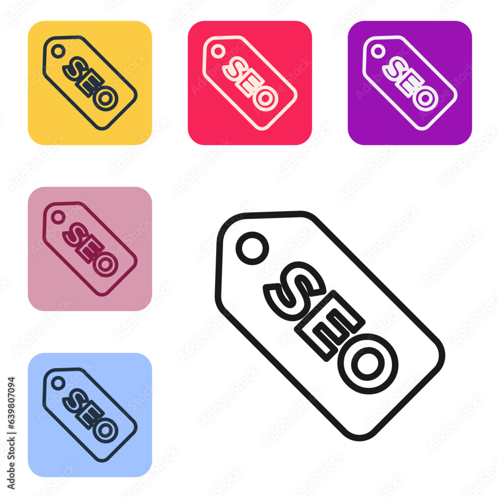 Poster black line seo optimization icon isolated on white background. set icons in color square buttons. ve