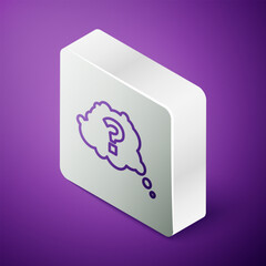 Isometric line Question mark icon isolated on purple background. FAQ sign. Copy files, chat speech bubble and chart. Silver square button. Vector