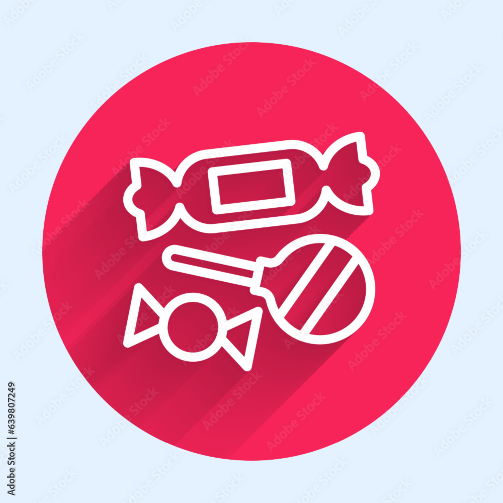 Poster white line candy icon isolated with long shadow. red circle button. vector