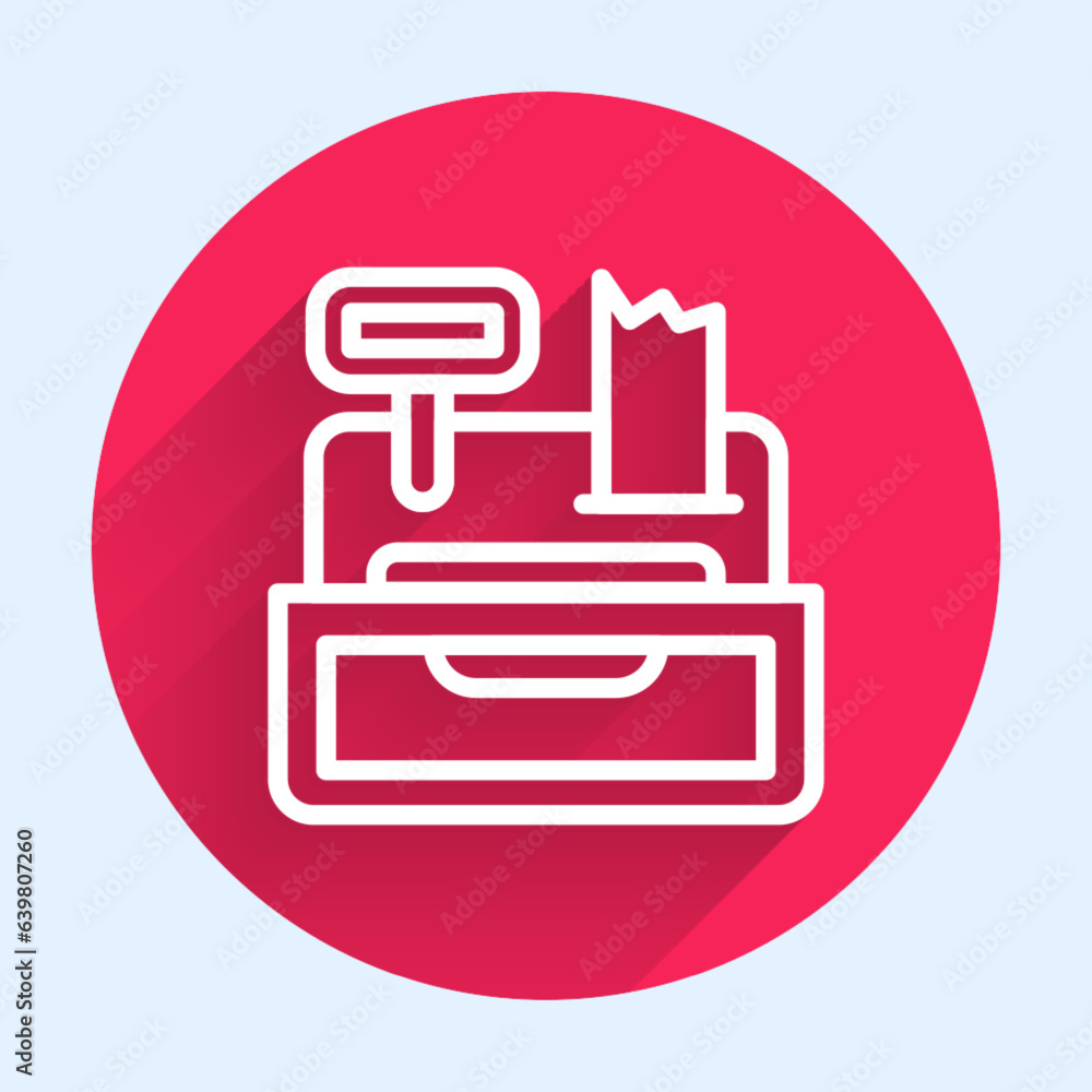 Poster white line cash register machine with a check icon isolated with long shadow. cashier sign. cashbox 