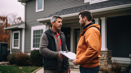 Home inspector discusses issues with homeowner - obrazy, fototapety, plakaty