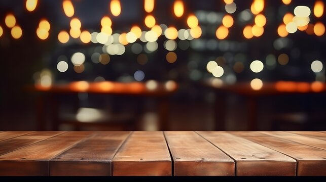 image of wooden table in front of abstract blurred background of restaurant lights, AI generative