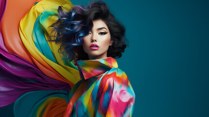 Colorful high fashion portrait with empty copy space on the side. Generative AI. 