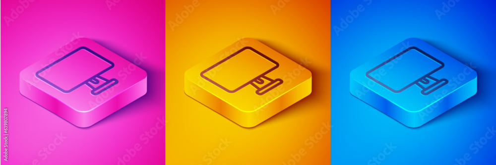 Poster isometric line computer monitor screen icon isolated on pink and orange, blue background. electronic