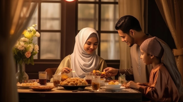 Asian Muslim beautiful woman family making iftar dua to break fasting during Ramadan
