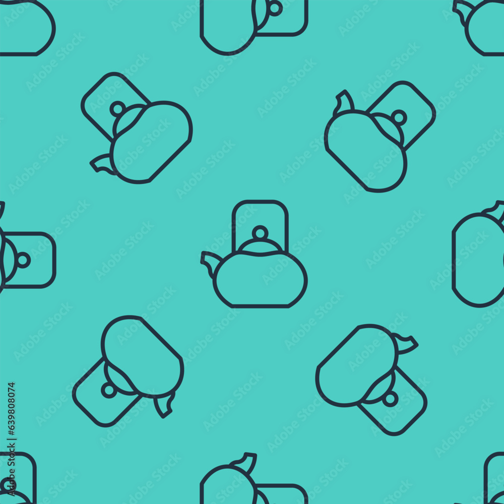 Poster black line kettle with handle icon isolated seamless pattern on green background. teapot icon. vecto