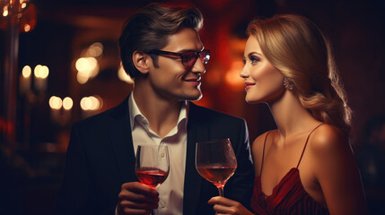 Fototapeta Beautiful young couple with glasses of red wine in luxury restaurant obraz