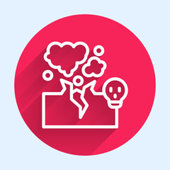 White line Poisonous cloud of gas or smoke icon isolated with long shadow background. Stink bad smell, smoke or poison gases, chemical toxic vapour. Red circle button. Vector