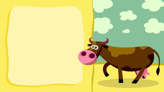 Cartoon character cow brown walking loop animation for titles. Cute intro frame included, seamless loop  farm village animal. 