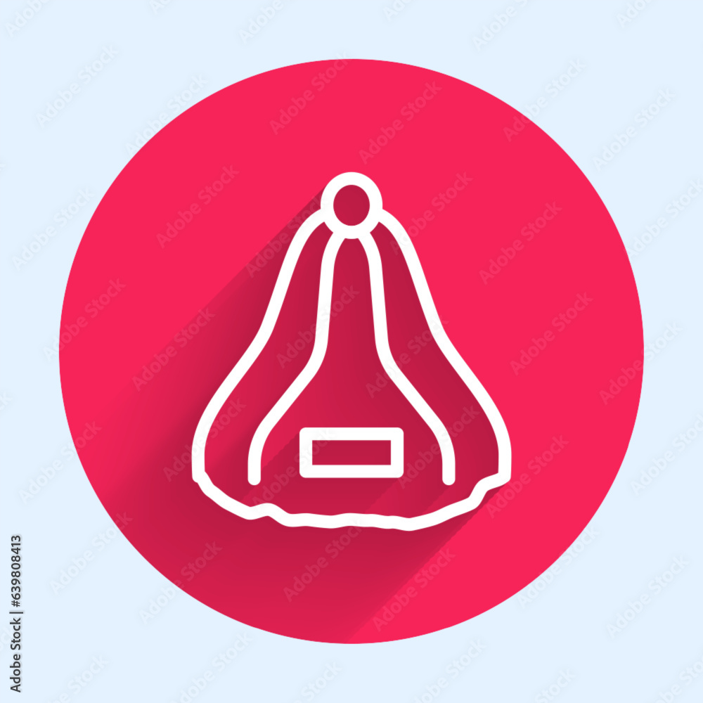 Poster white line sauna hat icon isolated with long shadow background. red circle button. vector