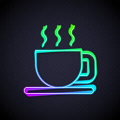 Glowing neon line Cup of tea icon isolated on black background. Vector