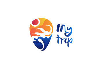 Template logo for travel agency. Text my trip. Concept near me. Geolocation pin with badge inside. Point map check location in navigation. Vector illustration.