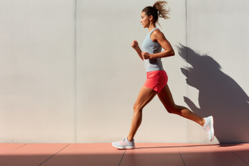 Young attractive woman with perfect slim body running outdoors. Fitness and running concept