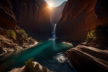 a deep canyon with winding rivers, sheer rock walls, and a stunning play of light and shadows