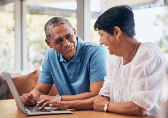 Senior couple, home and laptop for planning finance, retirement funding and investment or asset...