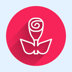 White line Flower rose icon isolated with long shadow background. Red circle button. Vector
