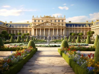 Abwaschbare Fototapete Paris Garden and facade of the palace of versailles. Beautiful gardens outdoors near Paris, France. The Palace Versailles was a royal chateau and was added to the UNESCO list. Generative AI