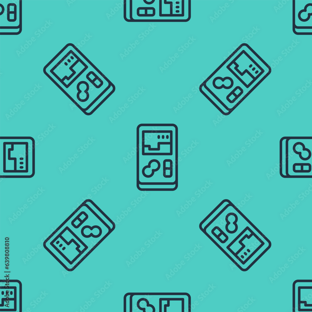 Poster black line portable video game console icon isolated seamless pattern on green background. handheld 