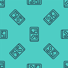 Black line Portable video game console icon isolated seamless pattern on green background. Handheld console gaming. Vector © Vadim