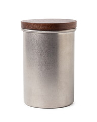 Metal tin can box with lid is made of wood isolated on white background. With clipping path.