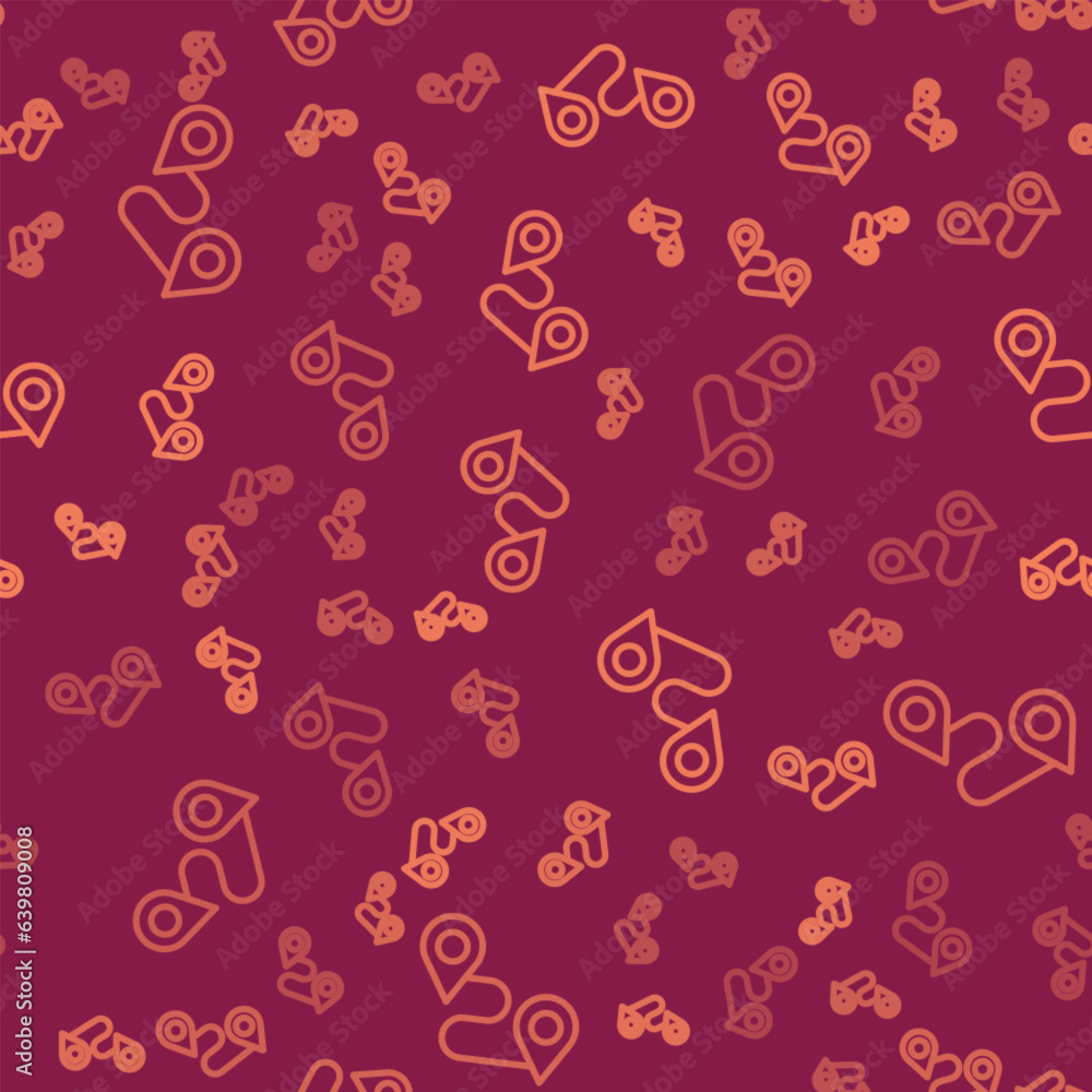 Poster brown line route location icon isolated seamless pattern on red background. map pointer sign. concep