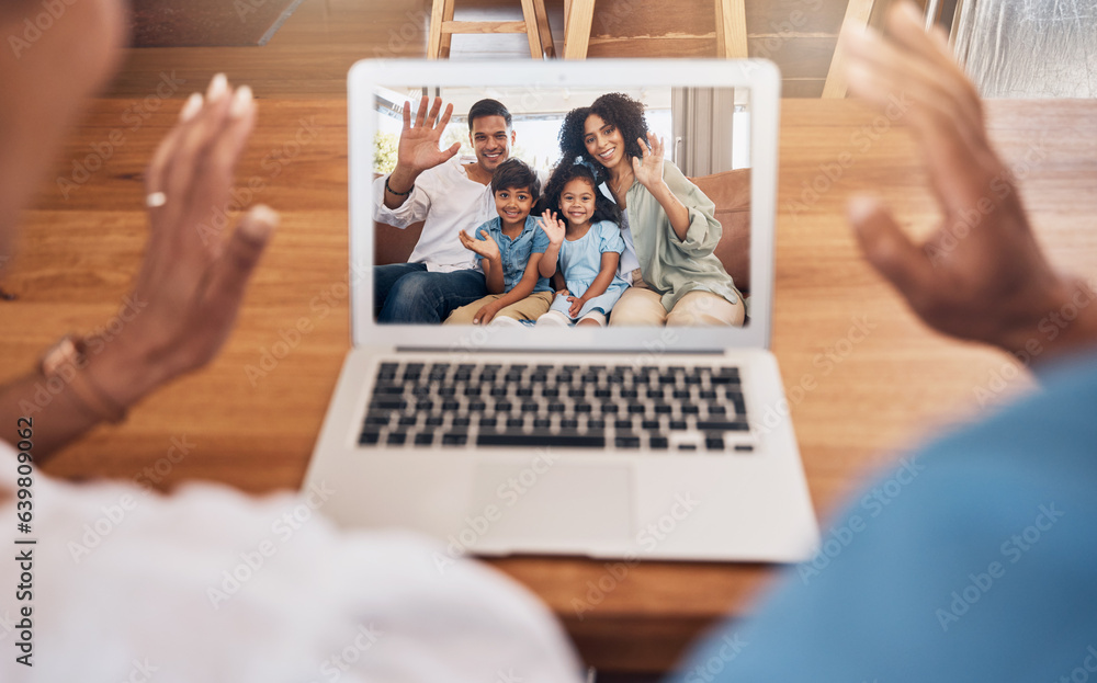 Wall mural Happy couple, laptop and video call with family in communication, networking or meeting at home. Hands and wave in hello, greeting or webinar for chat with grandparents on computer at the house