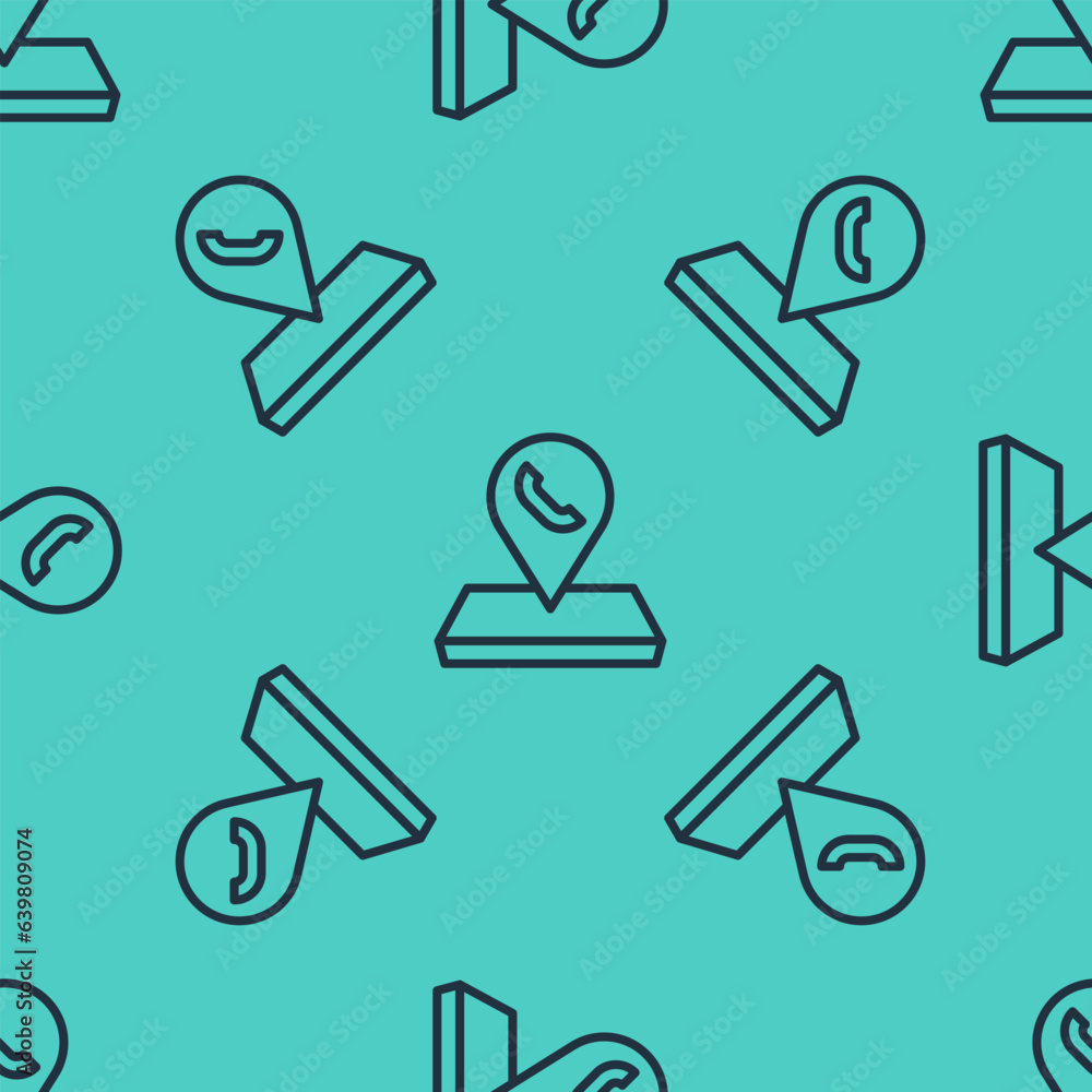 Poster black line map pointer with telephone or communication icon isolated seamless pattern on green backg