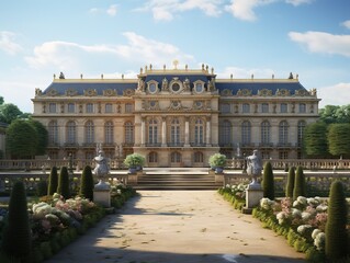 Fototapeta na wymiar Garden and facade of the palace of versailles. Beautiful gardens outdoors near Paris, France. The Palace Versailles was a royal chateau and was added to the UNESCO list. Generative AI