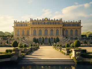 Fotobehang Parijs Garden and facade of the palace of versailles. Beautiful gardens outdoors near Paris, France. The Palace Versailles was a royal chateau and was added to the UNESCO list. Generative AI