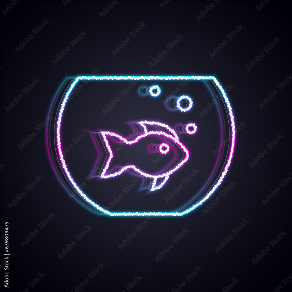 Wall mural Glowing neon line Aquarium with fish icon isolated on black background. Round glass aquarium. Aquarium for home and pets. Vector