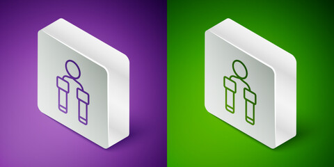 Isometric line Jump rope icon isolated on purple and green background. Skipping rope. Sport equipment. Silver square button. Vector