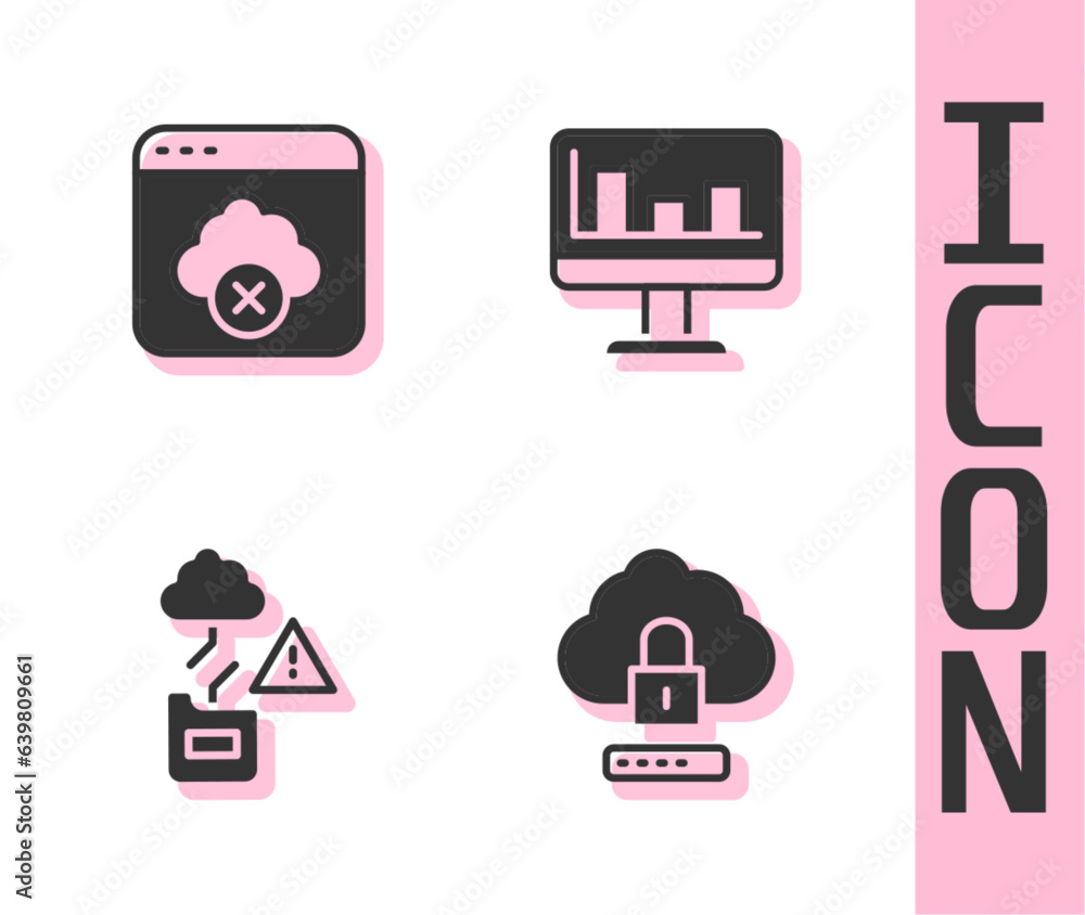Poster set cloud computing lock, failed access cloud storage, technology data transfer and monitor with gra