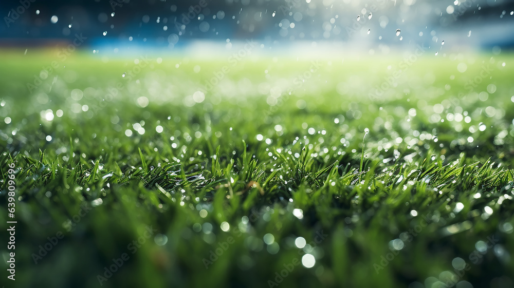 Wall mural green grass bottom view of a football stadium in the rain