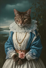 a dressed-up cat in an old dance dress holds a rose. sea and cloudy sky in the background