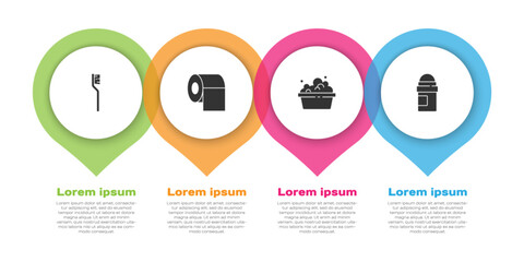 Set Toothbrush, Toilet paper roll, Basin with soap suds and Antiperspirant deodorant. Business infographic template. Vector