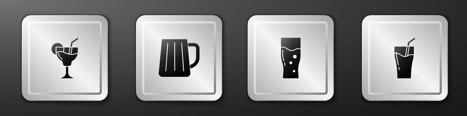 Set Cocktail, Wooden beer mug, Glass of and juice icon. Silver square button. Vector