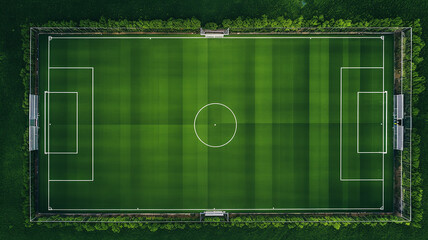 drone view, green football field from above panorama view of top stadium - obrazy, fototapety, plakaty