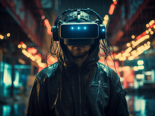 A man wearing cyberpunk VR goggles